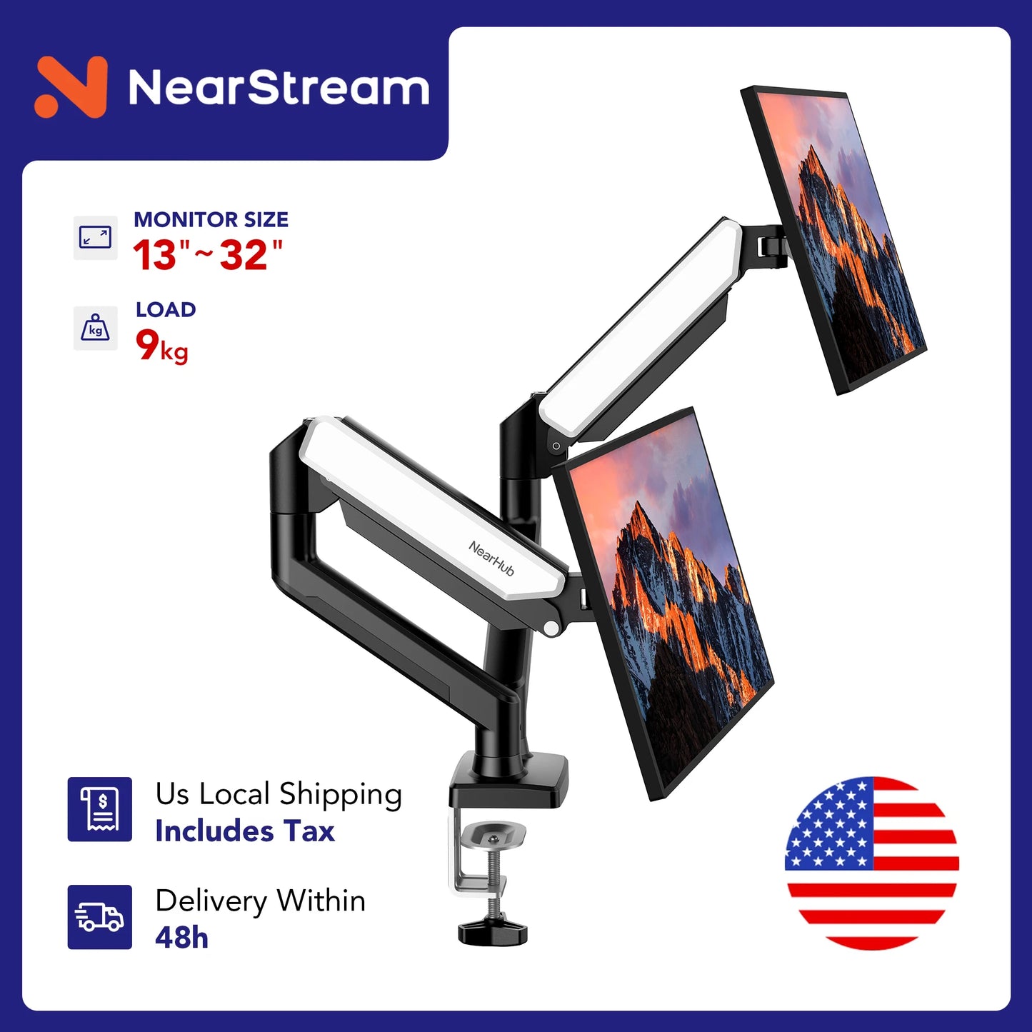 NearHub Dual Monitor Arm with C Clamp Grommet Mount MS-002